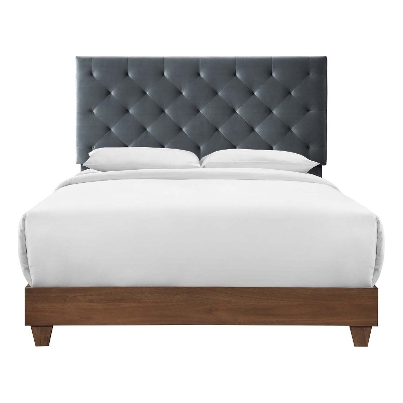 Pemberly Row Diamond Tufted Velvet Wood Queen Bed in Walnut/Charcoal