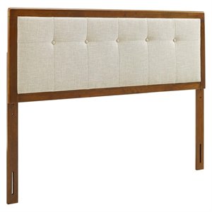 Pemberly Row Tufted King Fabric and Wood Headboard in Walnut/Beige