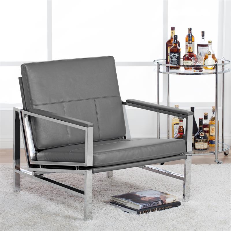 Pemberly Row Modern Bonded Leather Accent Arm Chair in Gray/Chrome