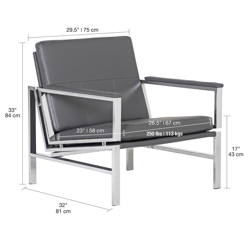 Pemberly Row Modern Bonded Leather Accent Arm Chair in Gray/Chrome