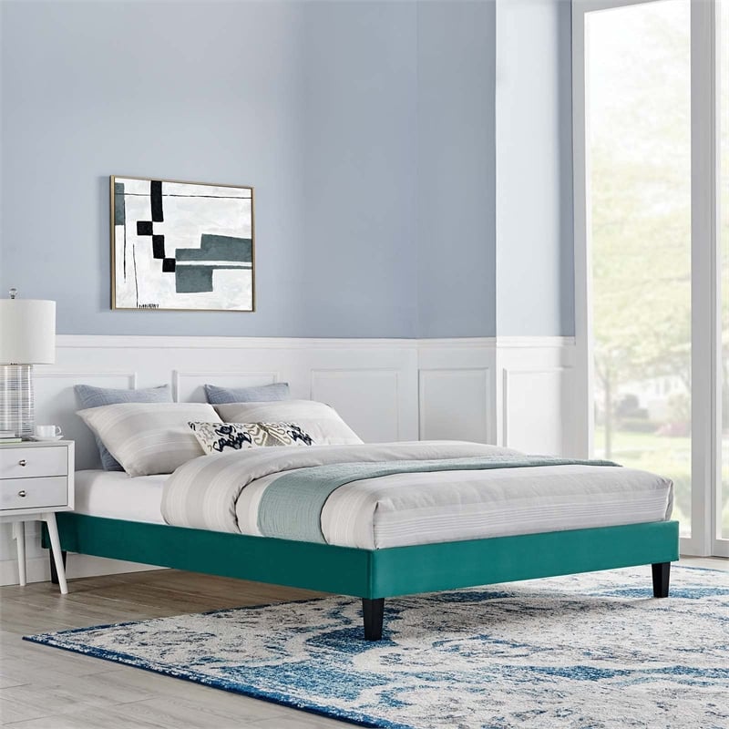 Pemberly Row Twin Performance Velvet Platform Bed Frame in Teal Green