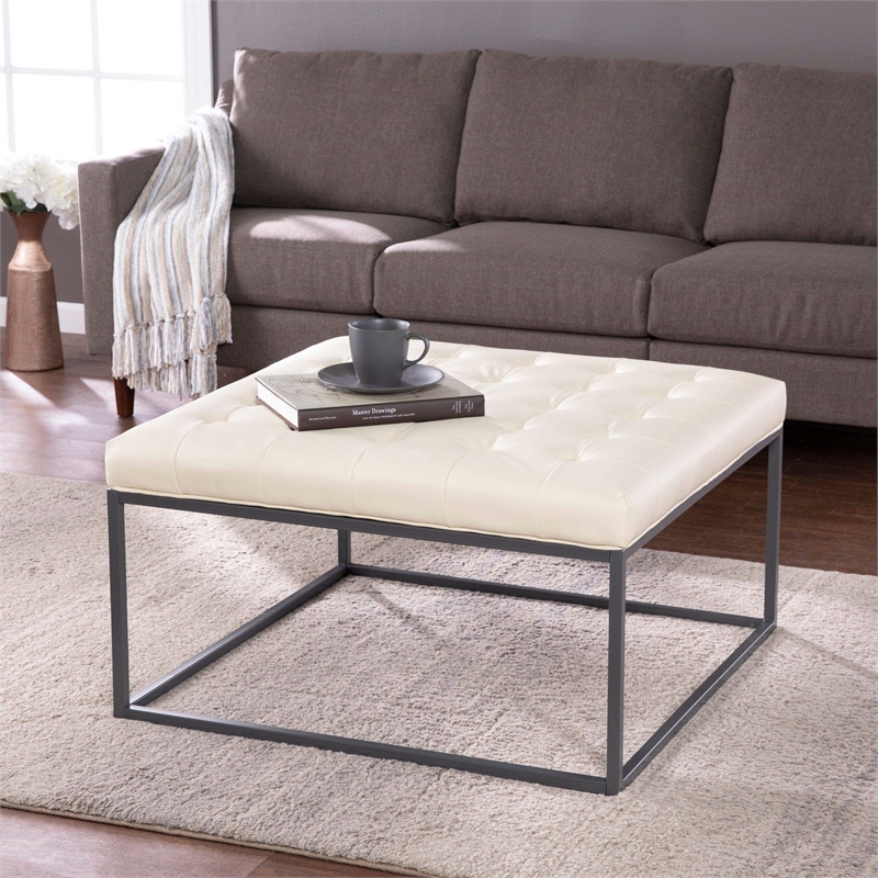 Pemberly Row Bonded Leather Upholstered Cocktail Ottoman in White