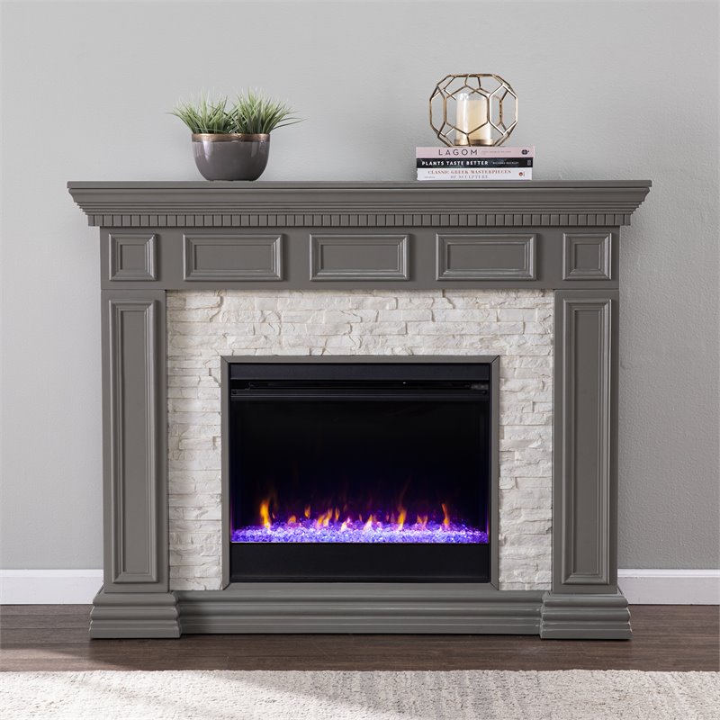 Pemberly Row Wood-Faux Stone Color Changing Fireplace in Gray