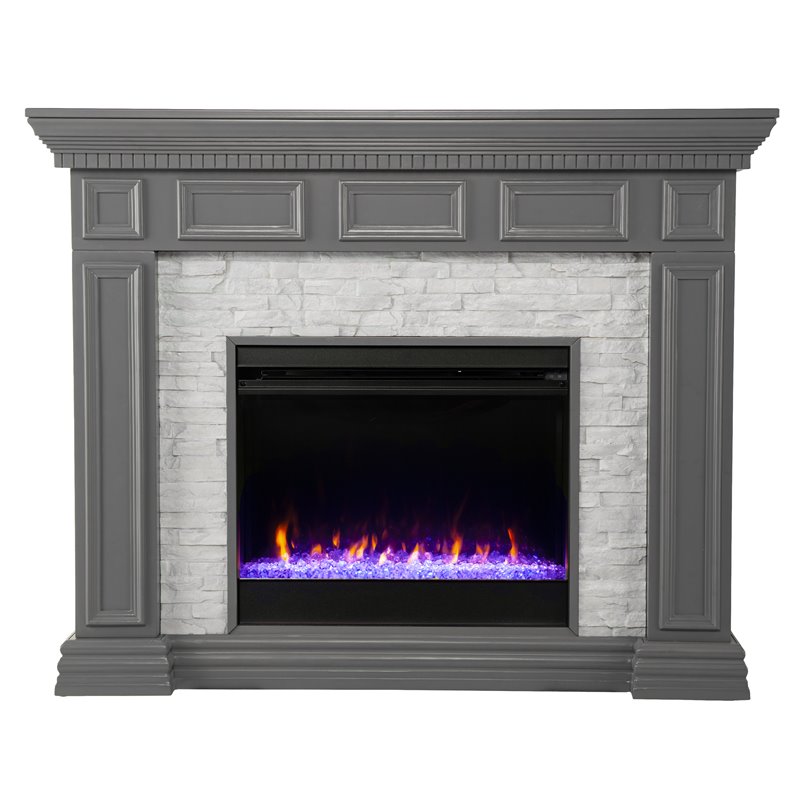 Pemberly Row Wood-Faux Stone Color Changing Fireplace in Gray
