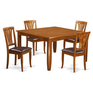 Pemberly Row 5-piece Dining Set with Leather Seat in Saddle Brown