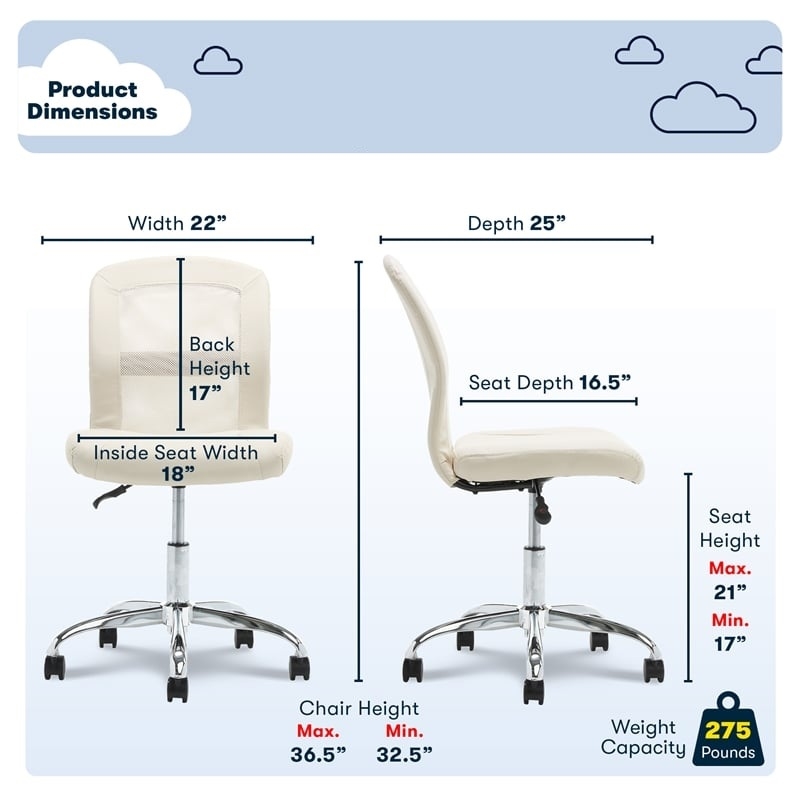 Pemberly Row Armless Desk Chair with Breathable Lightweight Mesh Back Cream
