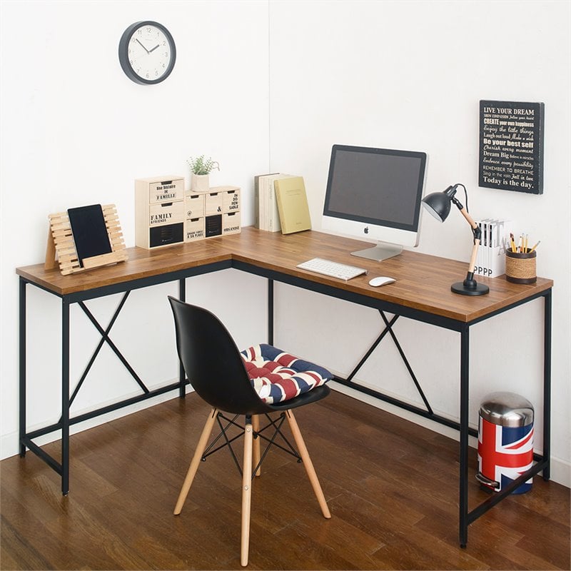 Pemberly Row Contemporary Wood and Metal Corner Desk in Acacia/Black