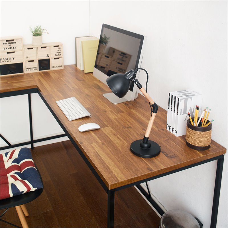 Pemberly Row Contemporary Wood and Metal Corner Desk in Acacia/Black