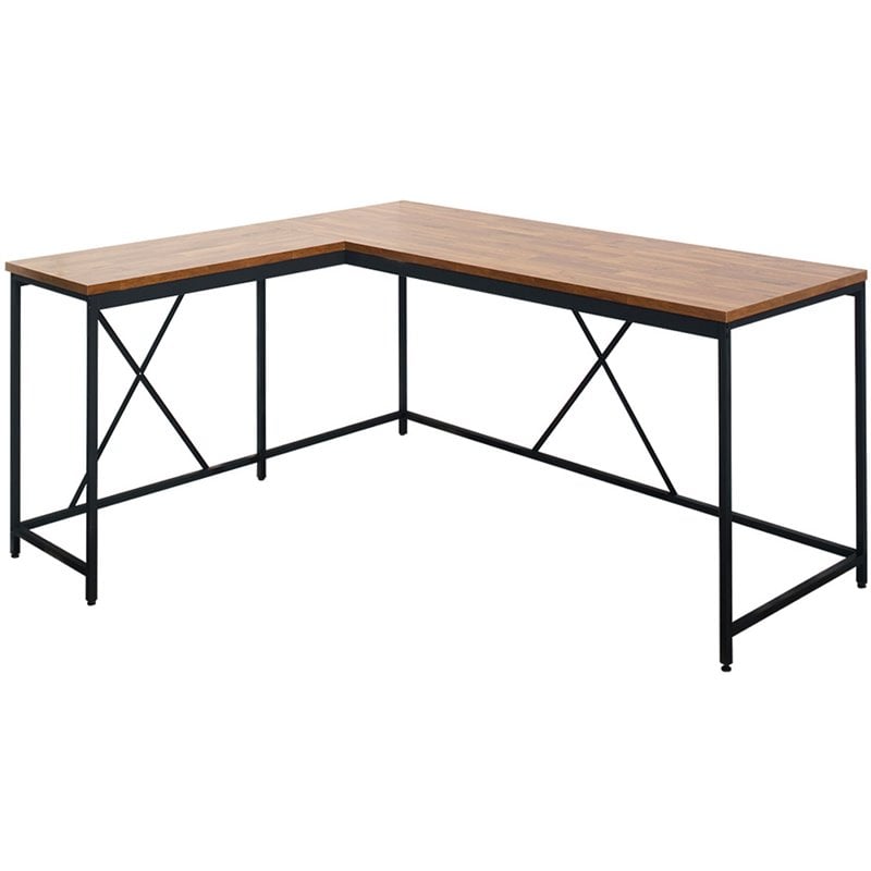 Pemberly Row Contemporary Wood and Metal Corner Desk in Acacia/Black