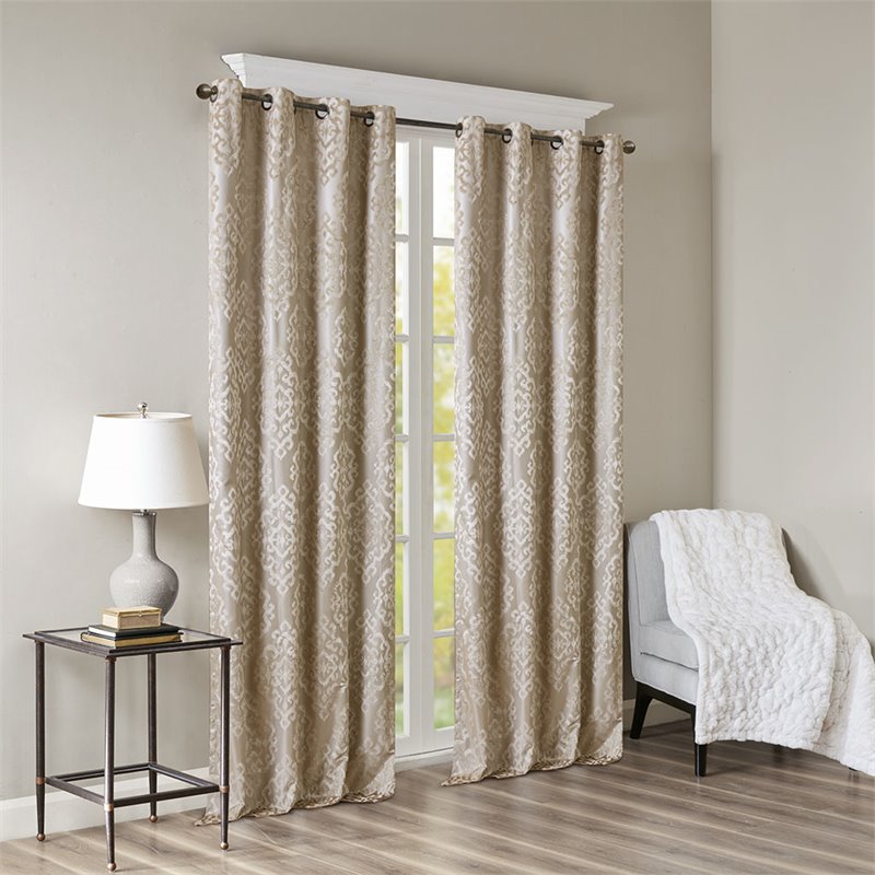 Pemberly Row Mirage Fabric Knitted Jacquard Total Blackout Window Panel in Beige