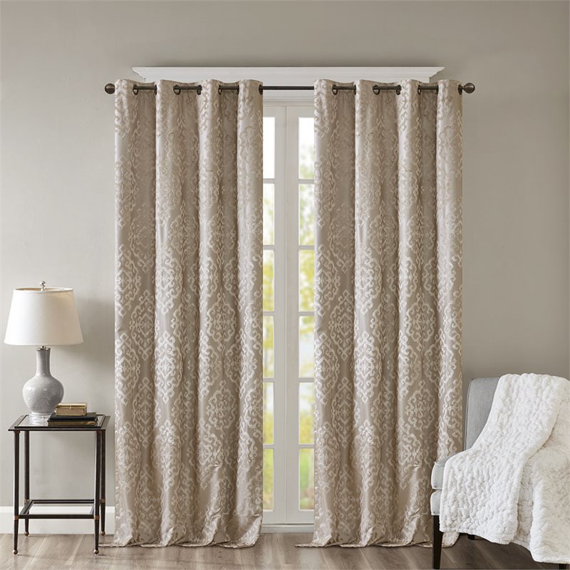 Pemberly Row Mirage Fabric Knitted Jacquard Total Blackout Window Panel in Beige