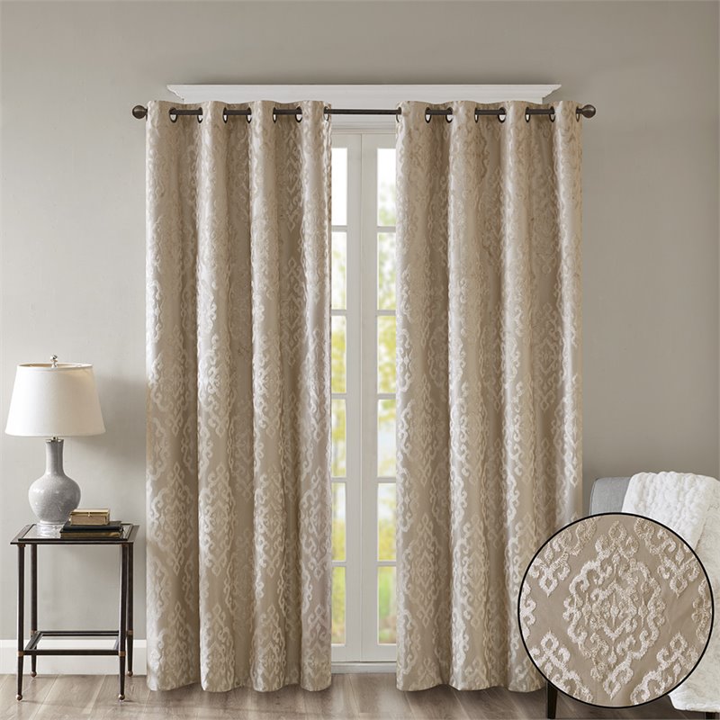 Pemberly Row Mirage Fabric Knitted Jacquard Total Blackout Window Panel in Beige