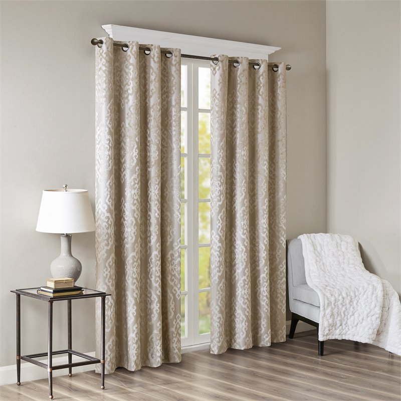 Pemberly Row Mirage Fabric Knitted Jacquard Total Blackout Window Panel in Beige