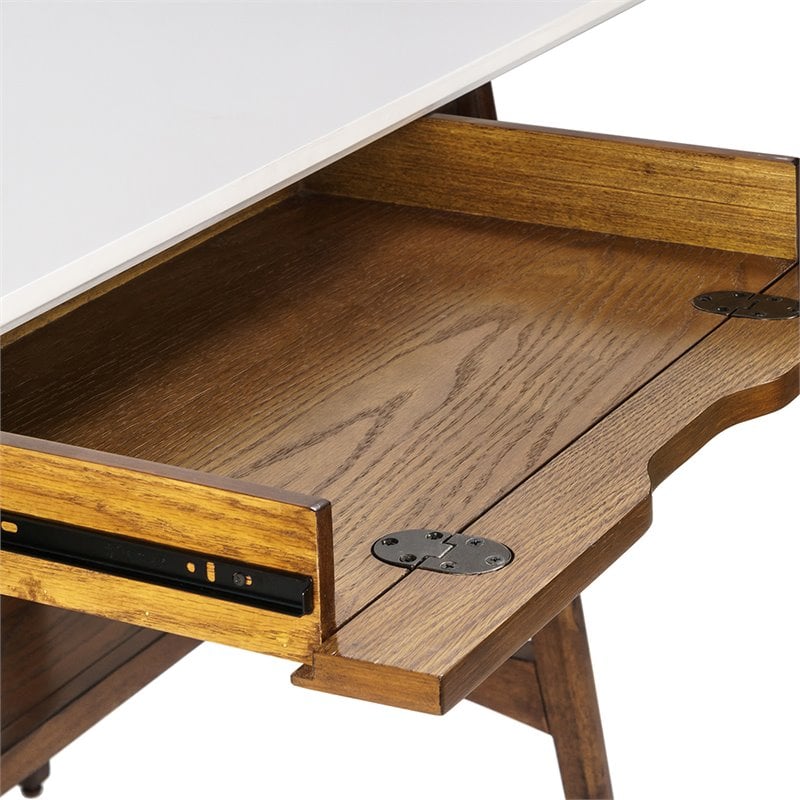 Pemberly Row Mid-Century MDF Rubber Wood Desk in Off White/Pecan