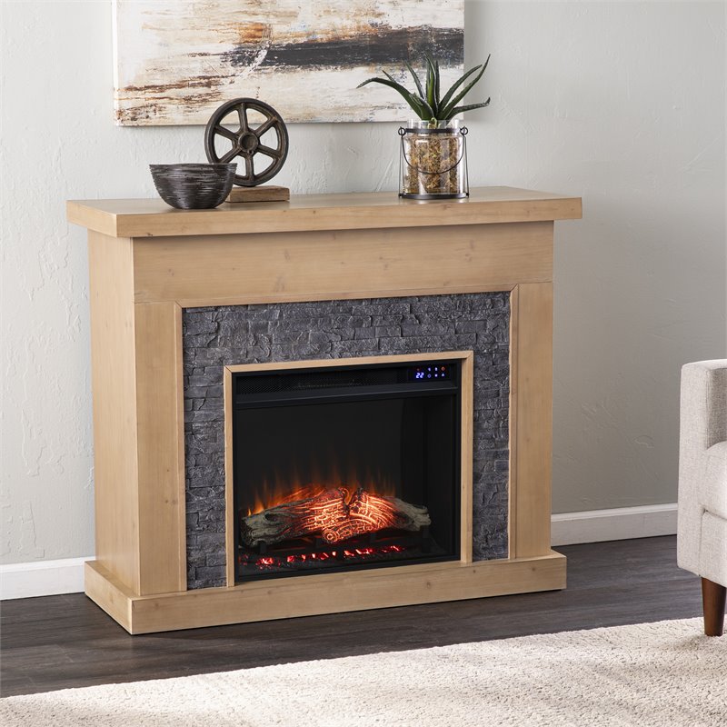 Pemberly Row Touch Screen Wood Electric Fireplace in Natural/Gray