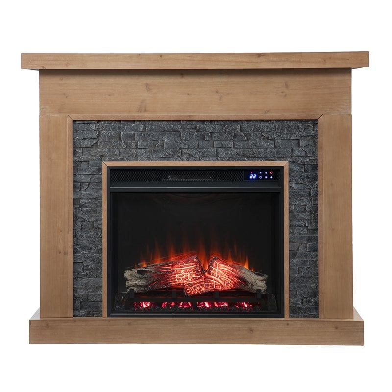 Pemberly Row Touch Screen Wood Electric Fireplace in Natural/Gray