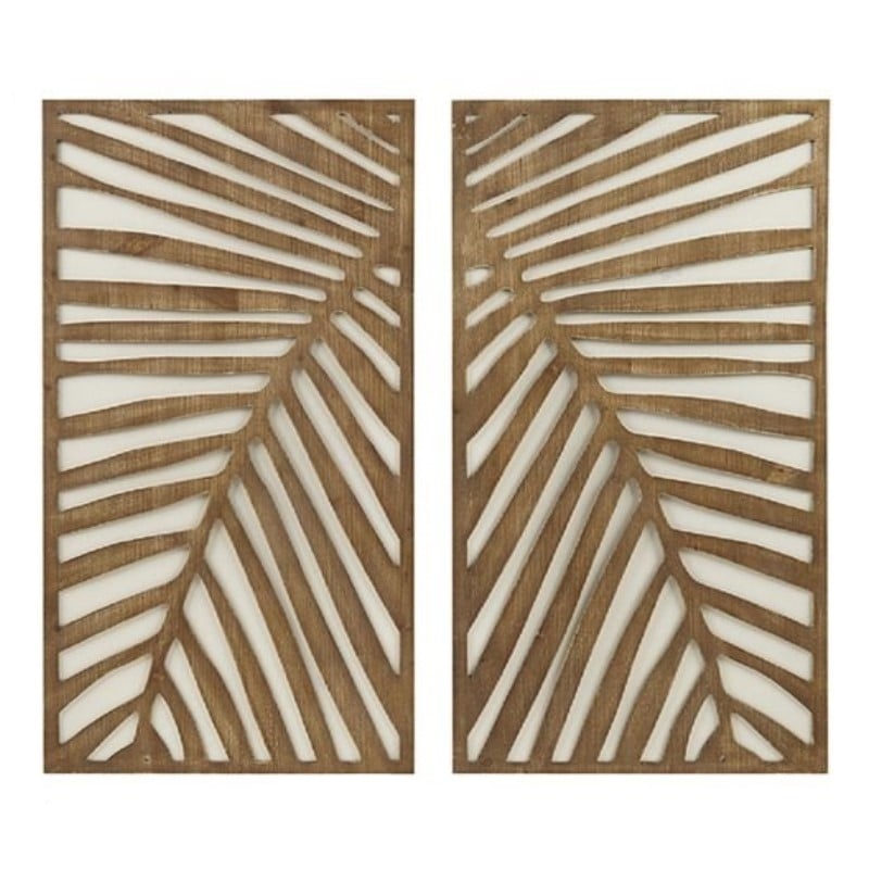 Pemberly Row Modern MDF Birch Palms Carved Wall Panel in Brown (Set of 2)