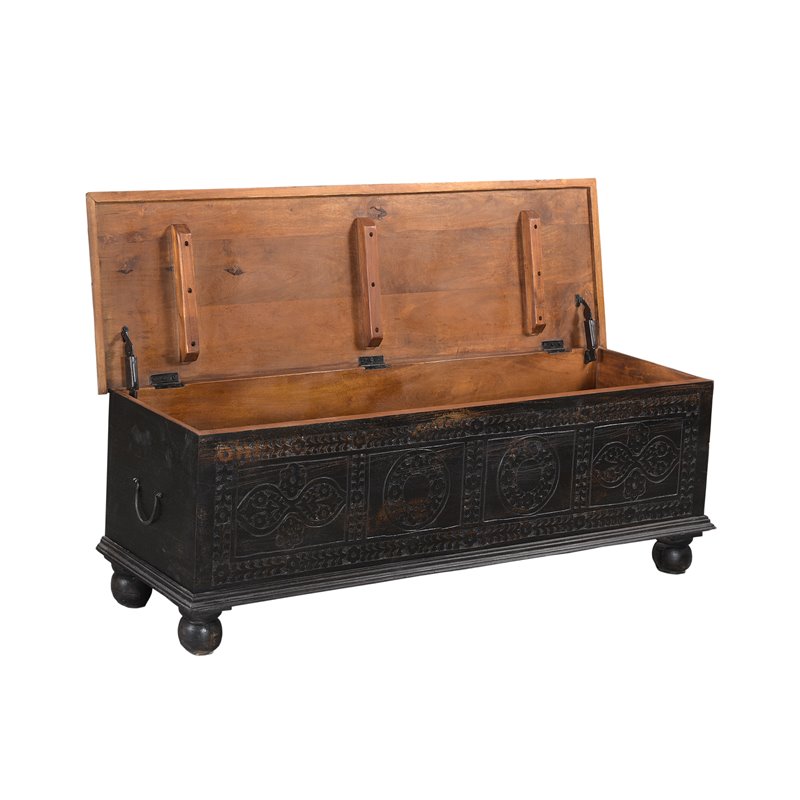 Pemberly Row Modern Carved Solid Wood Storage Ottoman in Black