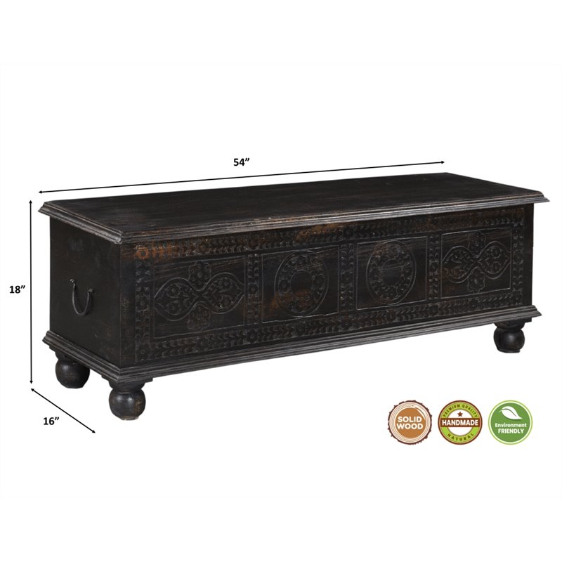 Pemberly Row Modern Carved Solid Wood Storage Ottoman in Black