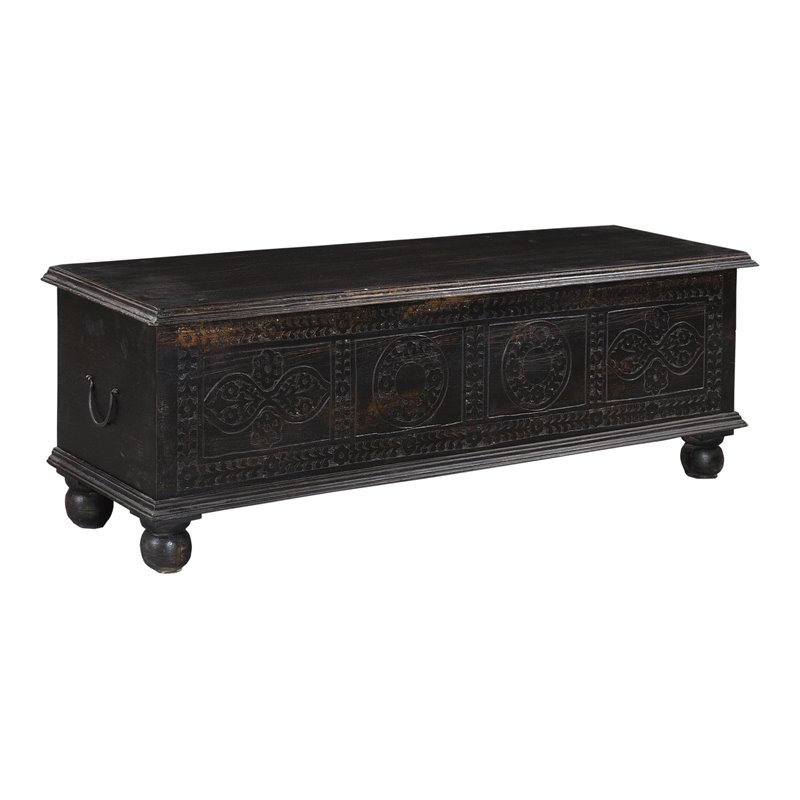 Pemberly Row Modern Carved Solid Wood Storage Ottoman in Black