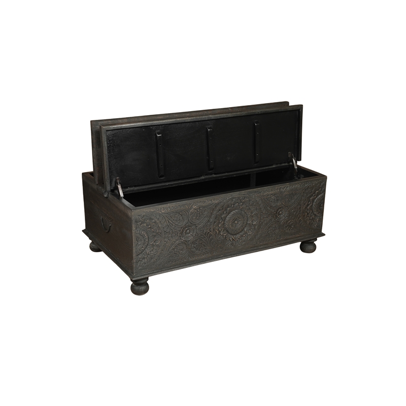 Pemberly Row Floral Carved Solid Wood Storage Coffee Table in Black