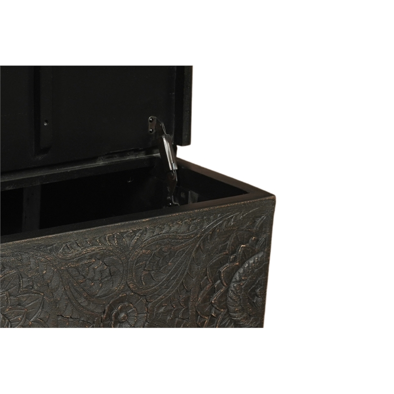 Pemberly Row Floral Carved Solid Wood Storage Coffee Table in Black