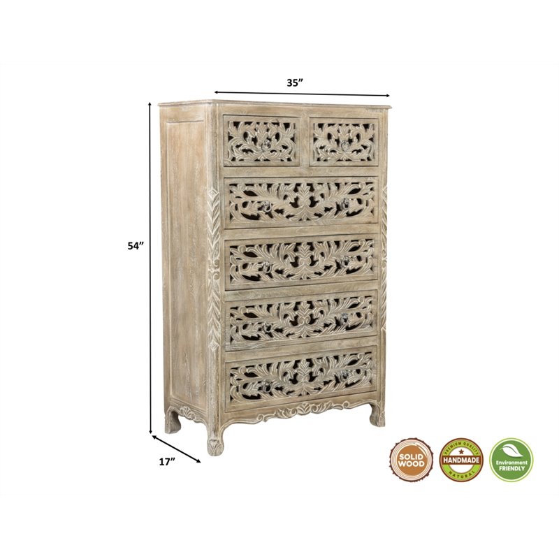 Pemberly Row 6-drawer Floral Carved Solid Wood Chest in Gray