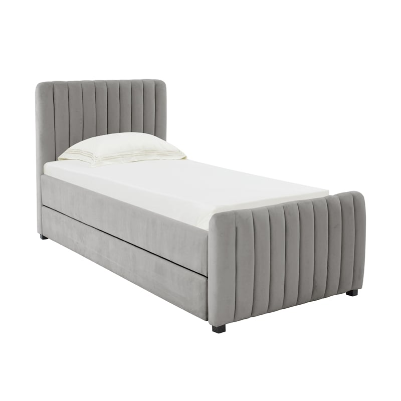 Pemberly Row Contemporary Gray Velvet Trundle Bed in Twin Size