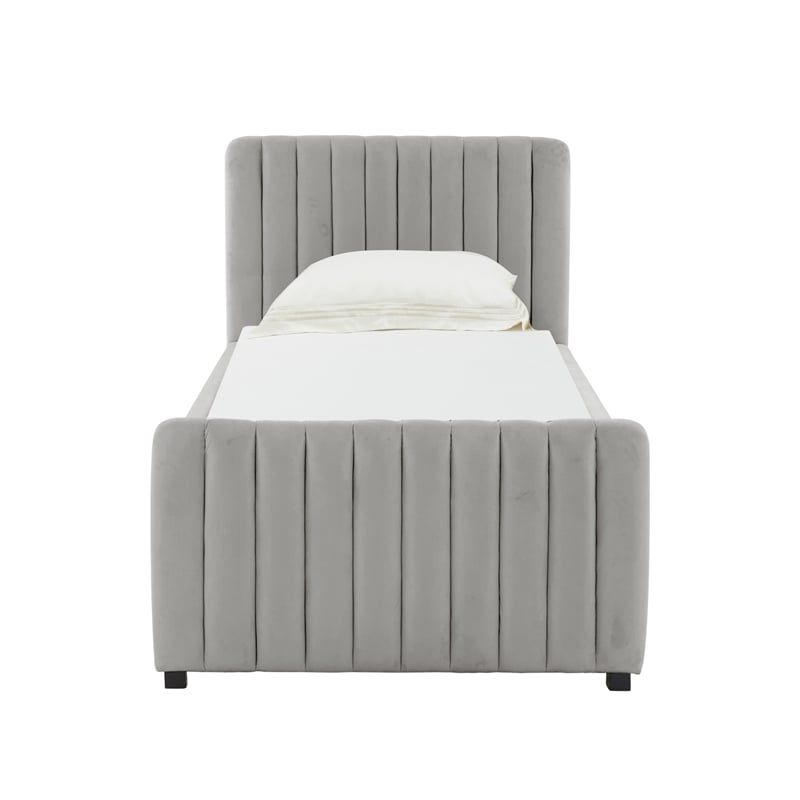 Pemberly Row Contemporary Gray Velvet Trundle Bed in Twin Size