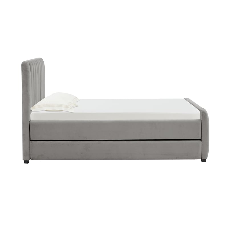 Pemberly Row Contemporary Gray Velvet Trundle Bed in Twin Size
