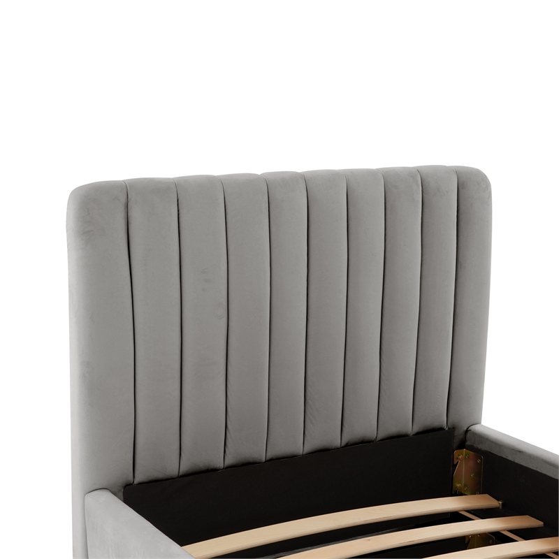 Pemberly Row Contemporary Gray Velvet Trundle Bed in Twin Size