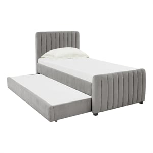 Pemberly Row Contemporary Gray Velvet Trundle Bed in Twin Size