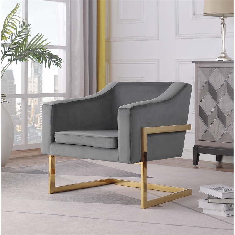 Pemberly Row Gray Velvet with Gold Stainless Steel Modern Accent Chair