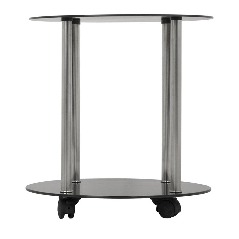 Pemberly Row Steel and Glass Two Tier Round Wheeled End Table in Black/Chrome