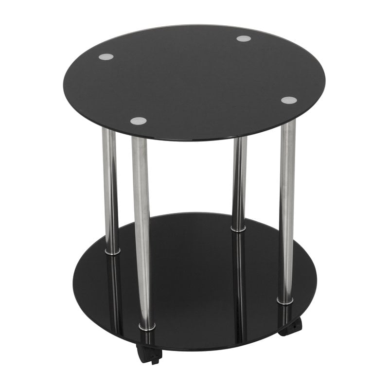 Pemberly Row Steel and Glass Two Tier Round Wheeled End Table in Black/Chrome