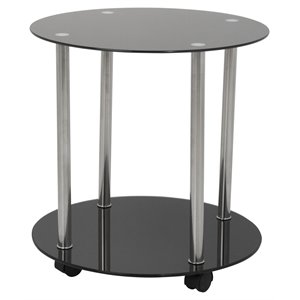 Pemberly Row Steel and Glass Two Tier Round Wheeled End Table in Black/Chrome