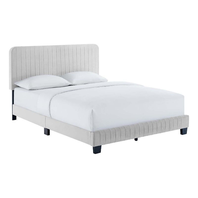 Pemberly Row Channel Tufted Performance Velvet Full Platform Bed in Light Gray