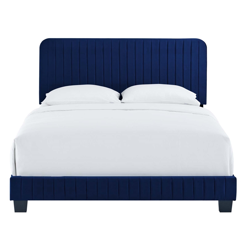 Pemberly Row Channel Tufted Performance Velvet Twin Platform Bed in Navy