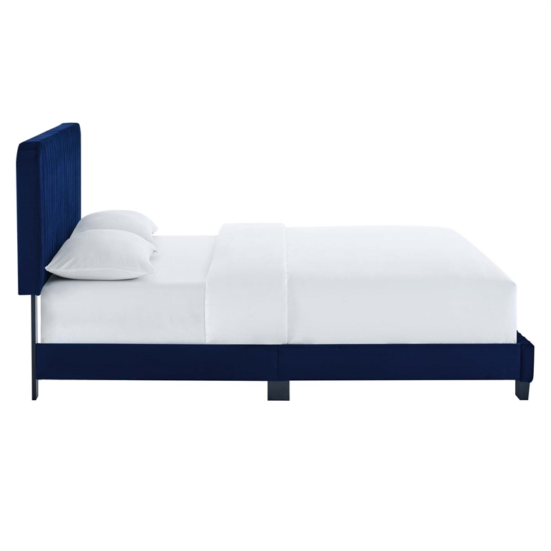 Pemberly Row Channel Tufted Performance Velvet Twin Platform Bed in Navy