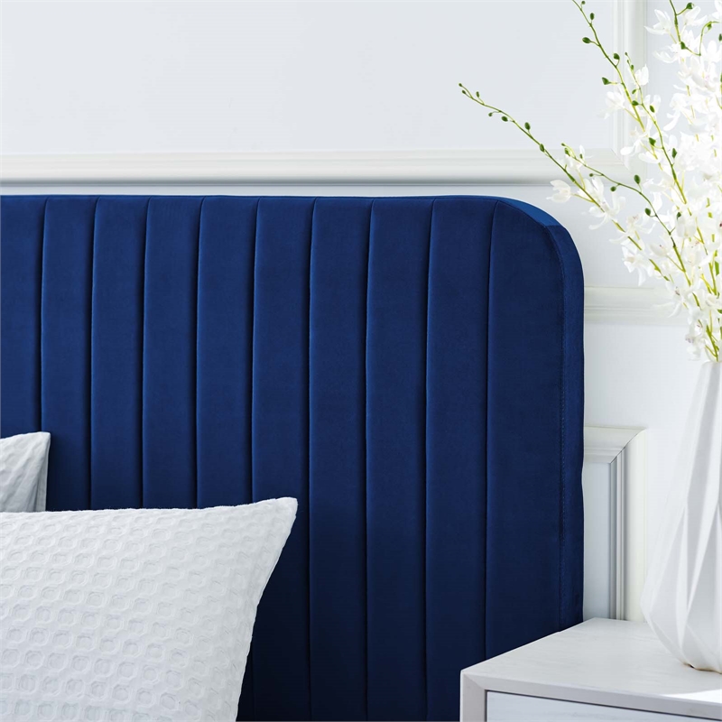 Pemberly Row Channel Tufted Performance Velvet Twin Platform Bed in Navy