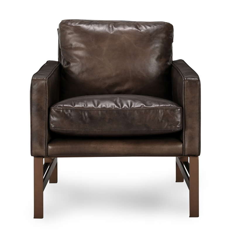 Pemberly Row Cushion Back Modern Leather Club Chair in Brown/Brass