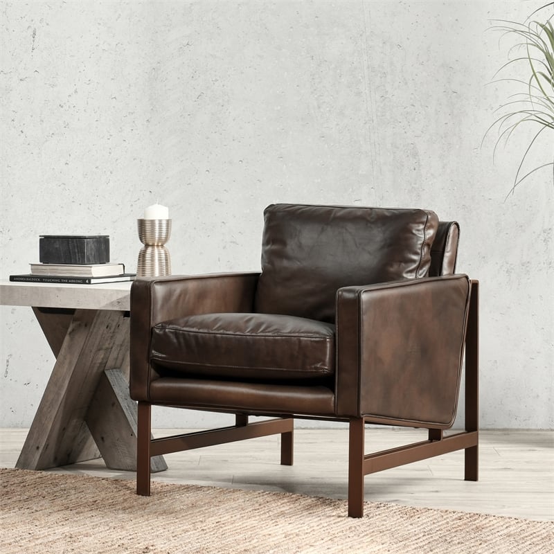 Pemberly Row Cushion Back Modern Leather Club Chair in Brown/Brass