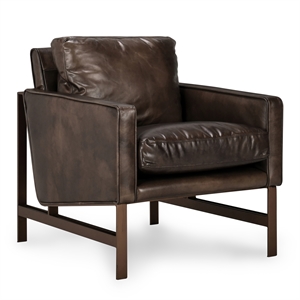 Pemberly Row Cushion Back Modern Leather Club Chair in Brown/Brass