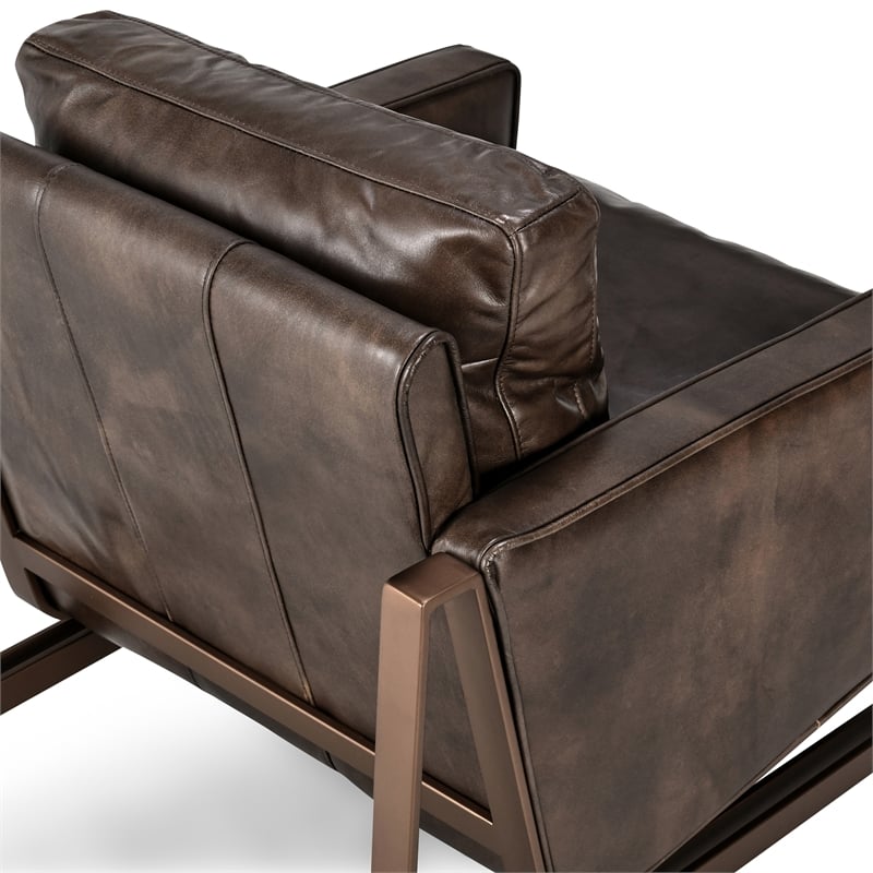 Pemberly Row Cushion Back Modern Leather Club Chair in Brown/Brass