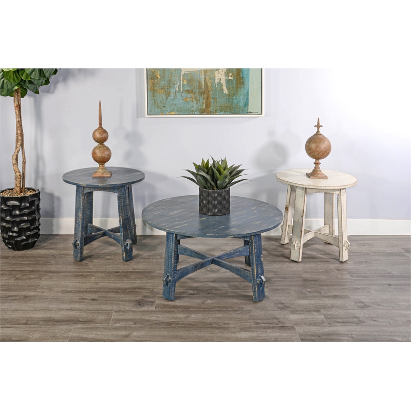Pemberly Row Farmhouse Mahogany Wood Coffee Table in Ocean Blue