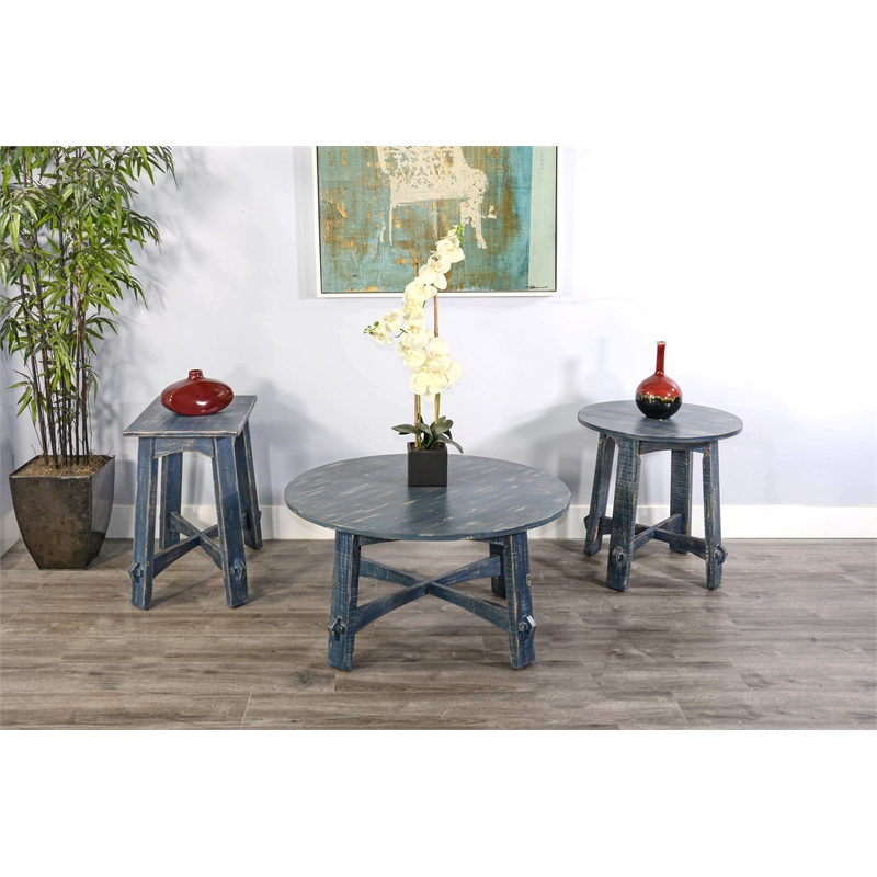 Pemberly Row Farmhouse Mahogany Wood Coffee Table in Ocean Blue