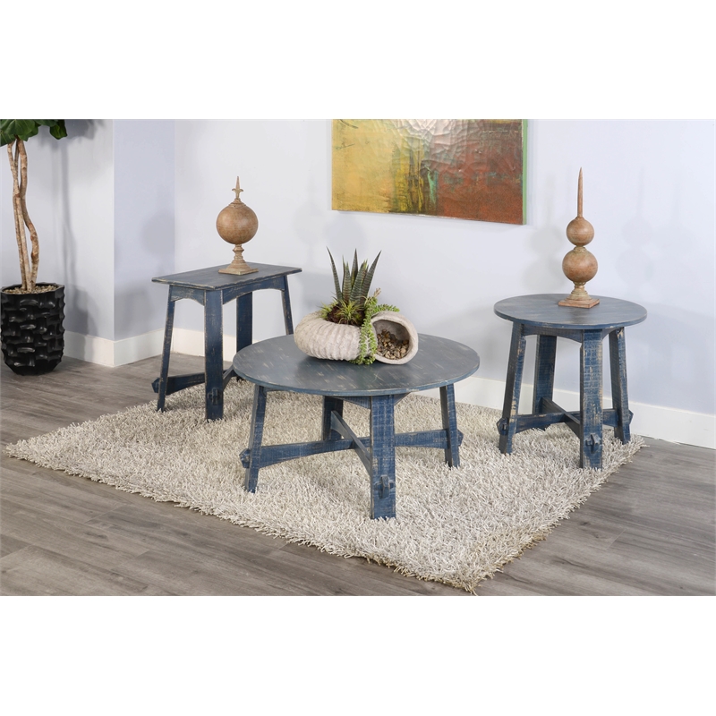 Pemberly Row Farmhouse Mahogany Wood Coffee Table in Ocean Blue