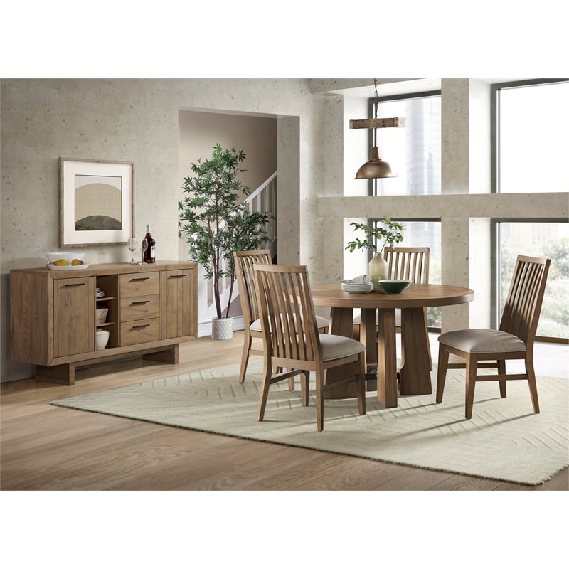 Pemberly Row Round Modern Wood Table in Weathered Oak Finish