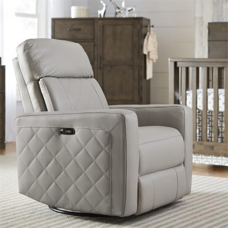 Pemberly Row Wood Leather Power-USB Glider Recliner in Cloud Gray