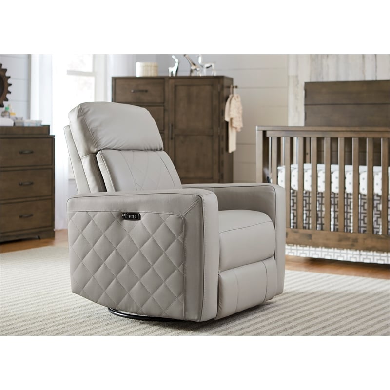 Pemberly Row Wood Leather Power-USB Glider Recliner in Cloud Gray